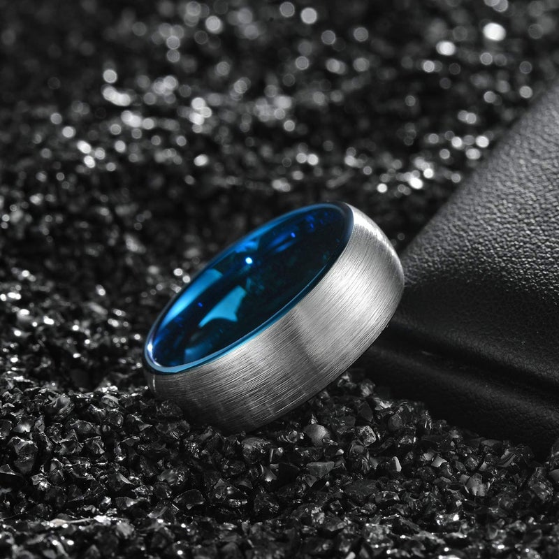 TRUMIUM 8mm Tungsten Carbide Wedding Ring Band for Him and Her Silver Blue Two Tone Brushed Comfort Fit Size 11 - Image 3
